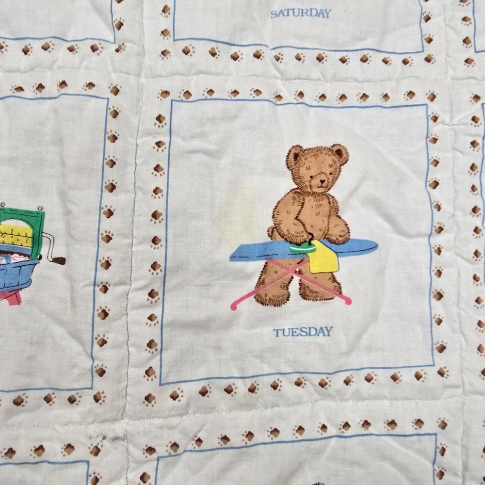 Vintage‎ Days of the Week Teddy Bear Quilted Baby Blanket Blue White 47x39